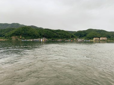 büyük nehir ve yeşil dağ arka plan