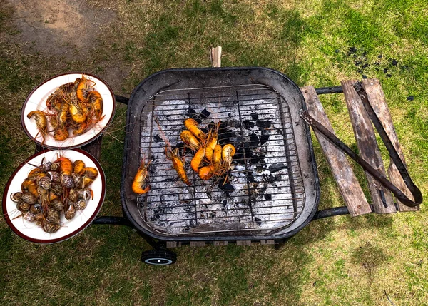 Grilled shrimps and spotted babylon on the flaming grill — Stock Photo, Image