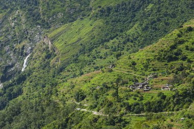 Tarım alanları ile köy Annapurna alanında, Nepal.