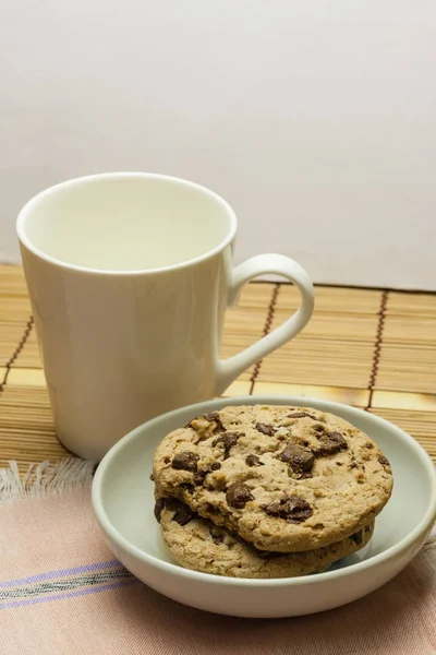 Galletas Chocolate Con Taza Café Madera — Foto de Stock