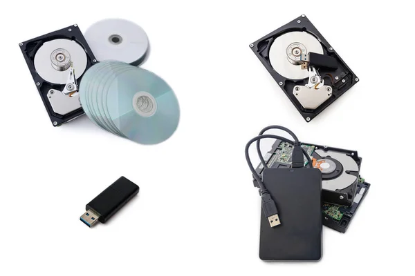 Storage device such as Hard Disk drives, External hard drive, USB flash drive  and disk stack with white background.