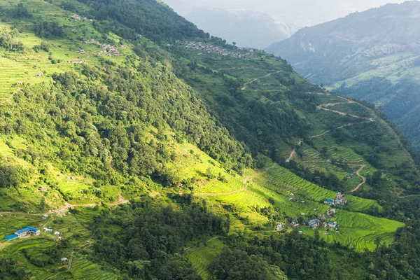 Campos Agrícolas Com Aldeia Área Annapurna Nepal — Fotografia de Stock
