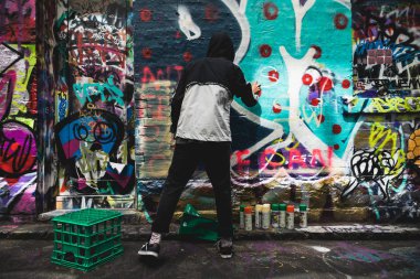 Melbourne, Australia - Nov 10, 2018 : Graffiti artist painting the wall on Hosier Lane on November 10, 2018. clipart