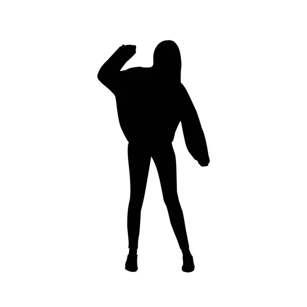 Vector zwart vrouwelijk silhouet van jonge tiener meisje hipster dansen en poseren in sweetshirt geïsoleerd op witte achtergrond. — Stockvector