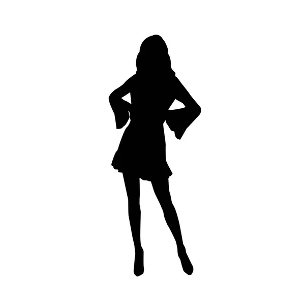 Negro silueta vector de la moda de la hermosa mujer con estilo en mini vestido — Vector de stock