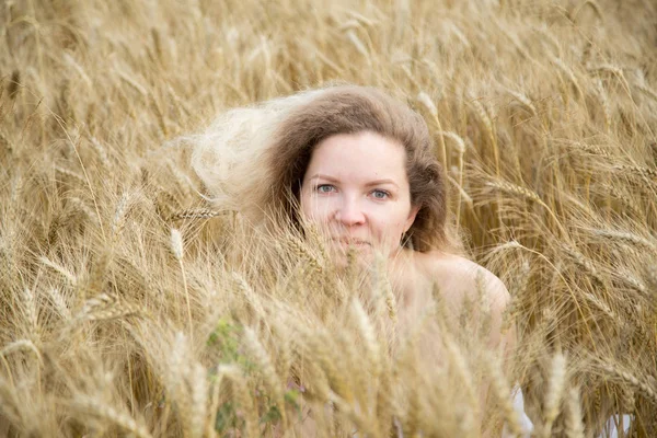 Blonde mooi meisje portret in het gouden veld. — Stockfoto