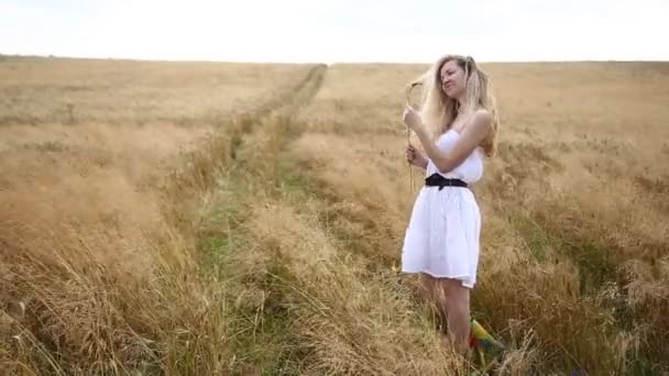 Блондинка Красивая Девушка Белом Платье Boho Золотом Пшеничном Поле Концепция — стоковое видео
