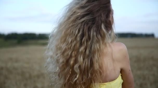 Blonde Mooi Meisje Witte Boho Jurk Gouden Tarwe Veld Lifestyle — Stockvideo