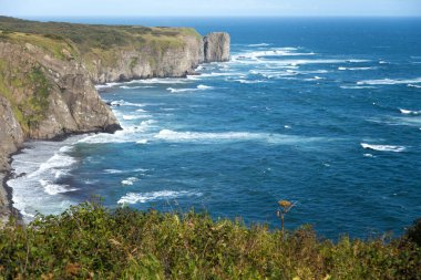 Rusya 'nın Kamçatka Yarımadası' ndaki uçurumların kenarından güzel bir okyanus manzarası. Pasifik Okyanusu 'nun derin mavi deniz suyu, siyah kumlu plaj, dağlar ve sonbahar manzarası, doğa duvar kağıtları.
