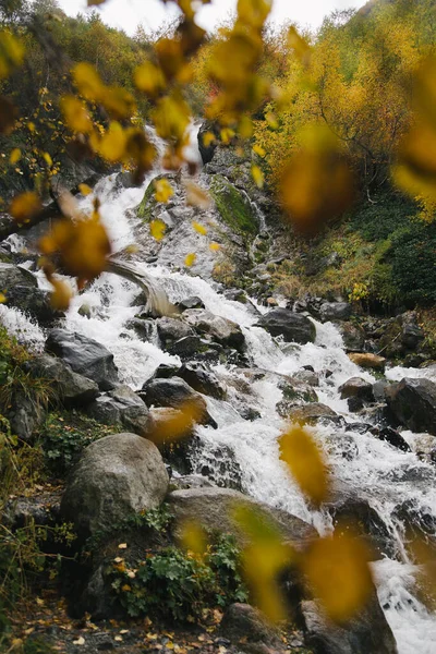 Fluxo Água Rio Montanhas Outono Grandes Pedras Pretas Através Folhas — Fotografia de Stock