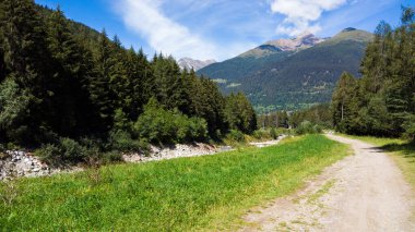 Yaz mevsiminde Alp manzarası, dağ yolunda güneşli bir gün.