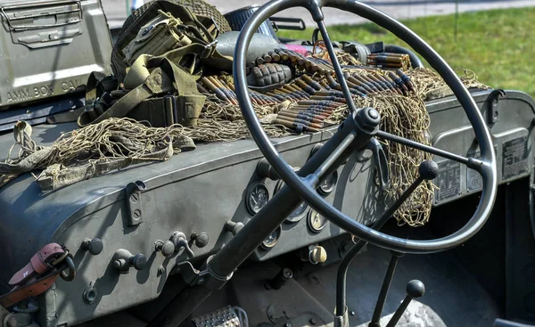 Military Jeep Sits Dash Clutterd Netting Grenades Bullet Shells — Stock Photo, Image