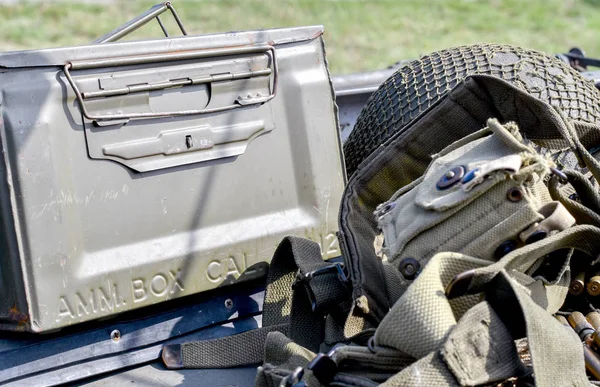 Ammo Belt Metal Ammo Box Helmet Rest Alongside Military Tool — Stock Photo, Image