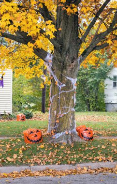 bir altın yapraklı ağaç pasını kaplıdır ve yapraklarla dolu çanta sırıtan pumpkins, Michigan ABD bu şirin Cadılar Bayramı bahçesinde haline