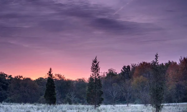 一个美丽的秋日早晨在密歇根州 Usa 与地面上的霜冻和五颜六色的天空在日出 — 图库照片