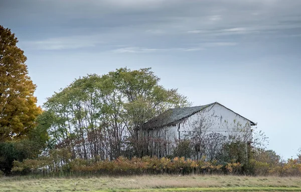 Celeiro Branco Abaixo Corre Senta Uma Paisagem Colorida Queda Michigan — Fotografia de Stock