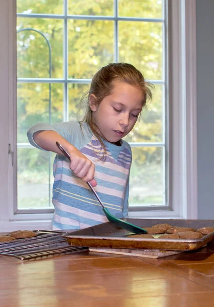 Young Cook Carefully Lifts Hot Cookies Cookie Sheet — Stock Photo, Image