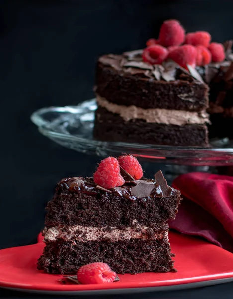 Крупным Планом Умершего Кусочка Шоколадного Торта Красной Малиной — стоковое фото