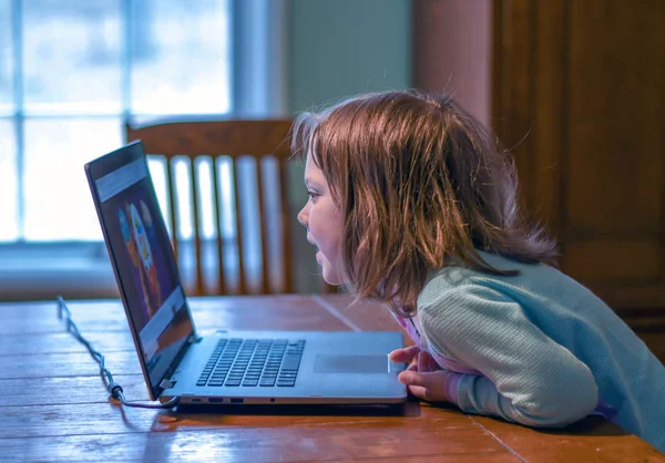 little girl in blue watches videos on a lap top screen at the dinning room table