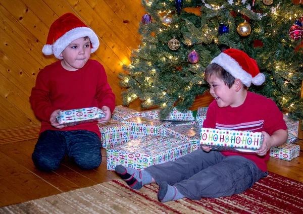 Irmãos agitando pacotes sob a árvore de Natal — Fotografia de Stock