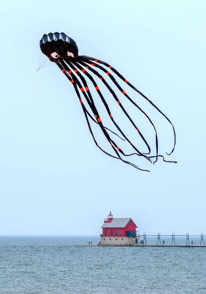 Kite flygande bläckfisk över Lake Michigan — Stockfoto