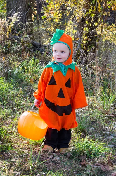 Schattige kleine jongen in een pompoen kostuum — Stockfoto