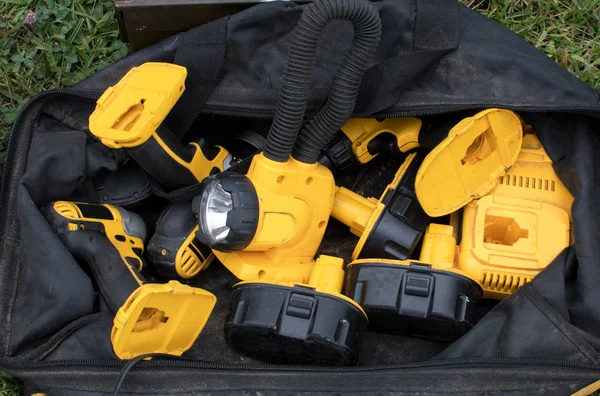 Battery powered hand tool set in a bag — Stock Photo, Image