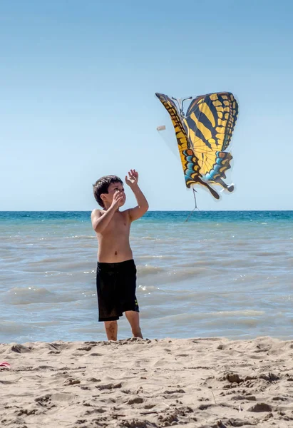 Küçük çocuk ve kelebek uçurtması — Stok fotoğraf