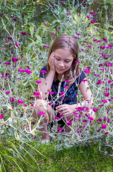 Young girl looking at wild flowers — Stock Photo, Image