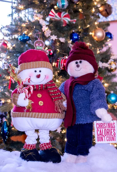Caprichosa pareja de muñecos de nieve vestidos para las vacaciones —  Fotos de Stock