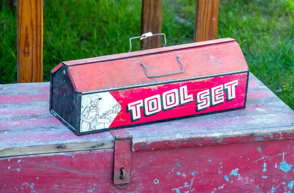 Bright Red Metal Tool Box Kids Desired Many Young Boy — Stock Photo, Image