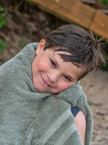 Handsome Young Boy Poses While Wrapped Warm Cotton Towel Swimming — Stock Photo, Image