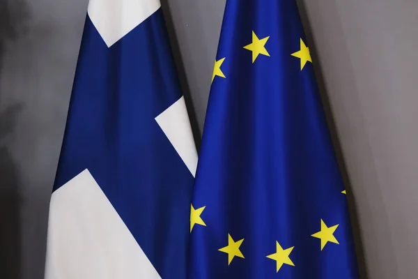 Brussel België Juli 2019 Vlag Van Finland Europese Vlag Staan — Stockfoto