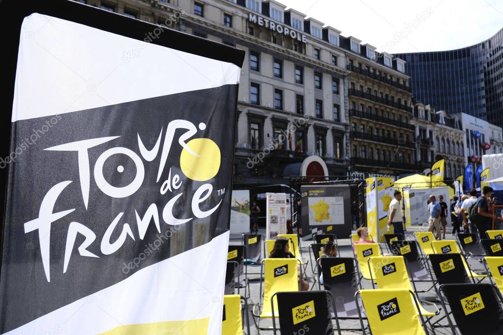 A flag with the Tour de France logo hanging at the Grand-Place - Grote Markt Square in Brussels ,Belgium on July 4, 2019.