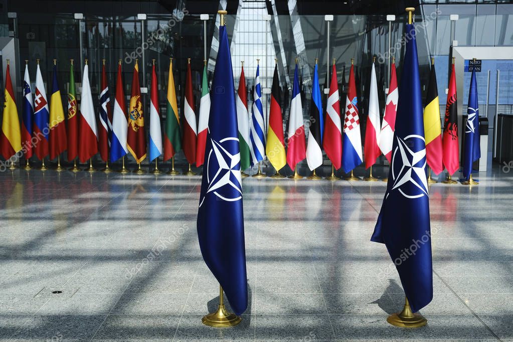 Flags' of Members of NATO at the NATO headquarters in Brussels, Belgium, June 26, 2019.