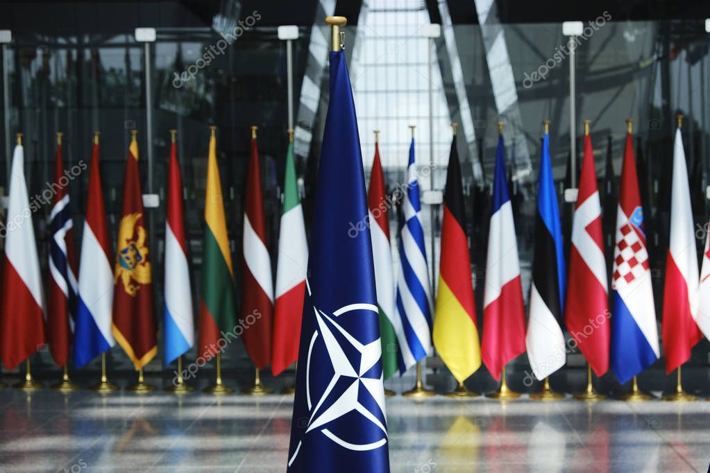 Flags' of Members of NATO at the NATO headquarters in Brussels, Belgium, June 26, 2019.