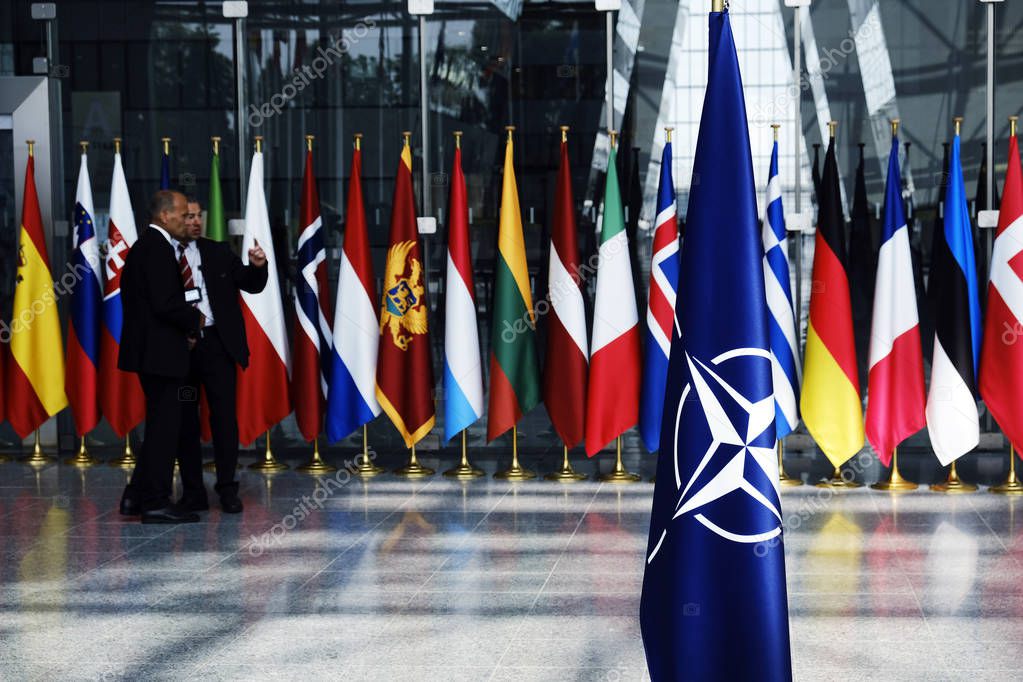 Flags' of Members of NATO at the NATO headquarters in Brussels, Belgium, June 26, 2019.