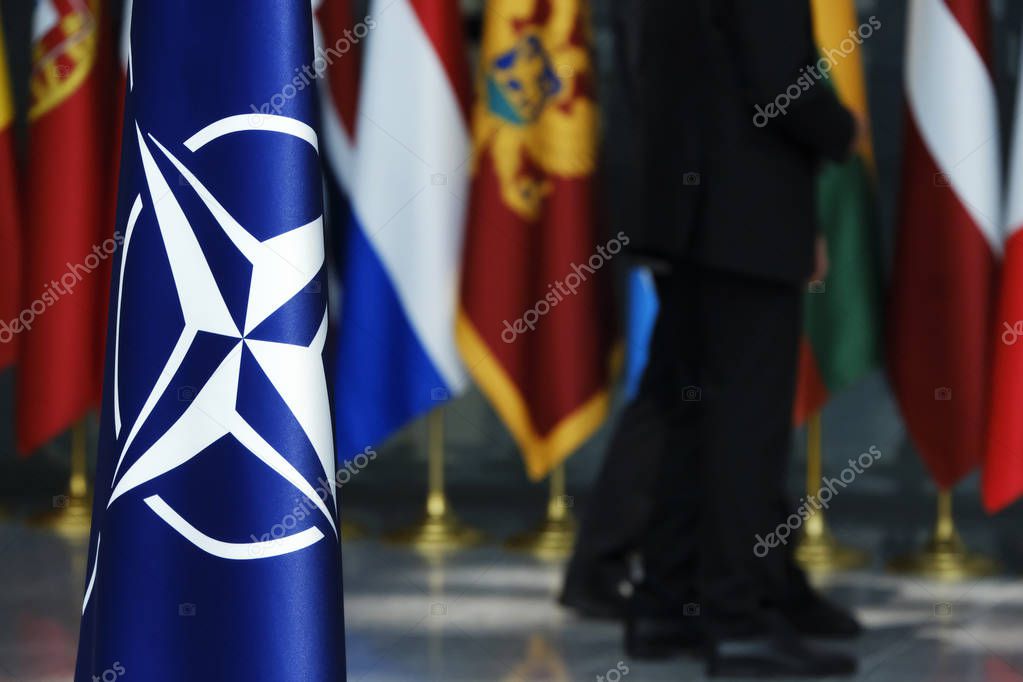 Flags' of Members of NATO at the NATO headquarters in Brussels, Belgium, June 26, 2019.