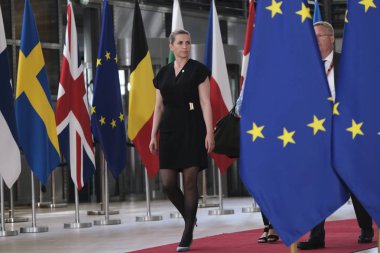 Brüksel, Belçika. 30 Haziran 2019.Danimarka Başbakanı Mette Frederiksen Avrupa Birliği (Ab) zirvesi için Avrupa Birliği Genel Merkezi'ne geldi.