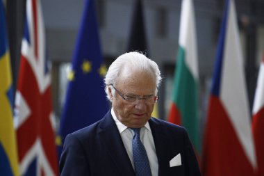 Brüksel, Belçika. 5 Mart 2019. İsveç Kraliçesi Silvia ve Kral Carl Xvi Gustaf, Avrupa Birliği Konseyi Başkanı Donald Tusk tarafından bir toplantı öncesinde karşılandı.. 