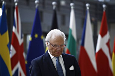 Brüksel, Belçika. 5 Mart 2019. İsveç Kraliçesi Silvia ve Kral Carl Xvi Gustaf, Avrupa Birliği Konseyi Başkanı Donald Tusk tarafından bir toplantı öncesinde karşılandı.. 