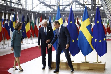 Brüksel, Belçika. 5 Mart 2019. İsveç Kraliçesi Silvia ve Kral Carl Xvi Gustaf, Avrupa Birliği Konseyi Başkanı Donald Tusk tarafından bir toplantı öncesinde karşılandı.. 