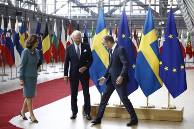 Brüksel, Belçika. 5 Mart 2019. İsveç Kraliçesi Silvia ve Kral Carl Xvi Gustaf, Avrupa Birliği Konseyi Başkanı Donald Tusk tarafından bir toplantı öncesinde karşılandı.. 
