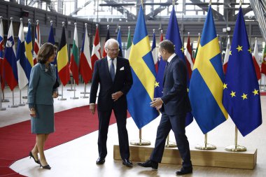 Brüksel, Belçika. 5 Mart 2019. İsveç Kraliçesi Silvia ve Kral Carl Xvi Gustaf, Avrupa Birliği Konseyi Başkanı Donald Tusk tarafından bir toplantı öncesinde karşılandı.. 