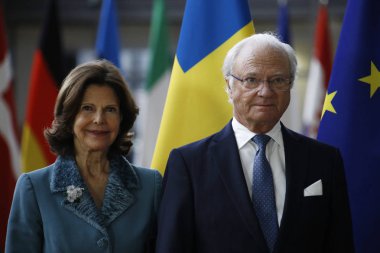 Brüksel, Belçika. 5 Mart 2019. İsveç Kraliçesi Silvia ve Kral Carl Xvi Gustaf, Avrupa Birliği Konseyi Başkanı Donald Tusk tarafından bir toplantı öncesinde karşılandı.. 