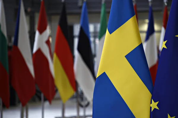Brusel Belgie Března 2019 Vlajka Švédska Stojí Kancelářích Evropské Rady — Stock fotografie