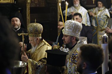 İstanbul,Türkiye. 6 Ocak 2019.Metropolitan Epiphanius, Ukrayna Ortodoks Kilisesi başkanı ve Ekümenik Patrik Bartholomeos St. George Katedrali'nde Epifani Günü kutlamalarına katıldı