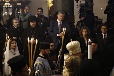 İstanbul, Türkiye. 6 Ocak 2019. Ukrayna Cumhurbaşkanı Petro Poroşenko St George Katedrali Epifani Günü kutlamaları katıldı.