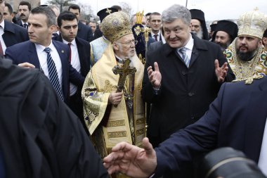 İstanbul,Türkiye. 6 Ocak 2019.Metropolitan Epiphanius, Ukrayna Ortodoks Kilisesi başkanı ve Ekümenik Patrik Bartholomeos St. George Katedrali'nde Epifani Günü kutlamalarına katıldı