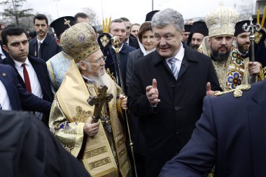 İstanbul,Türkiye. 6 Ocak 2019.Metropolitan Epiphanius, Ukrayna Ortodoks Kilisesi başkanı ve Ekümenik Patrik Bartholomeos St. George Katedrali'nde Epifani Günü kutlamalarına katıldı